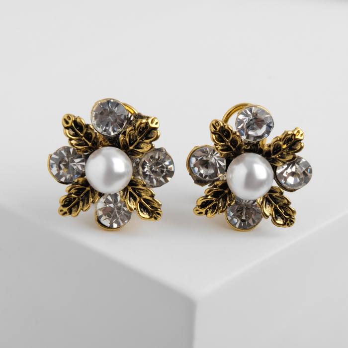 Серьги с жемчугом "Цветок" грация, цвет белый в чернёном золоте