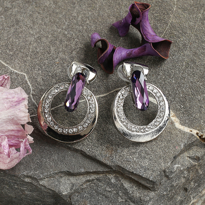 Серьги со стразами "Круг" лёгкость, цвет фиолетово-белый в серебре