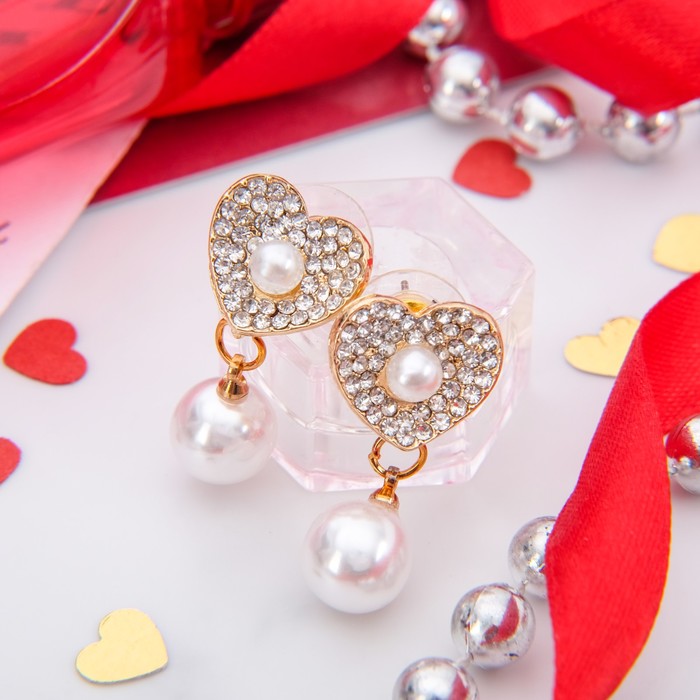 Серьги с жемчугом "Сердце" любящее, цвет белый в золоте