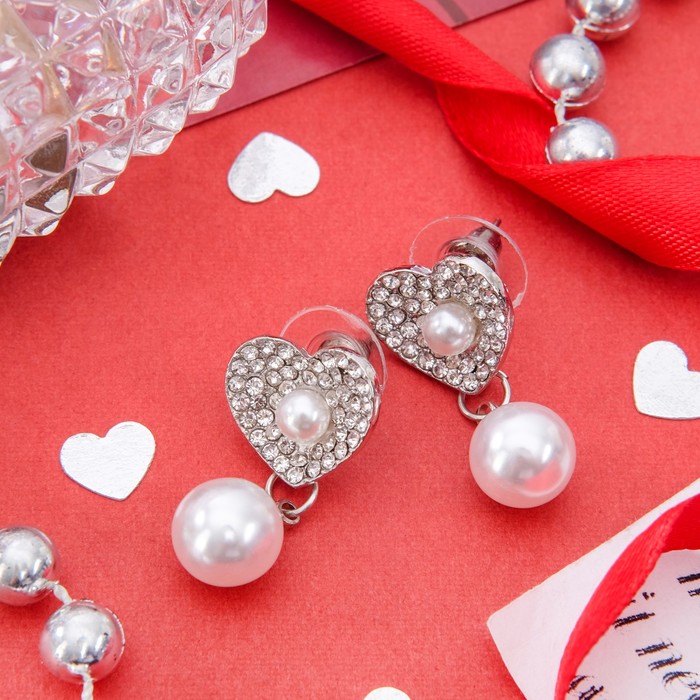 Серьги с жемчугом "Сердце" любящее, цвет белый в серебре