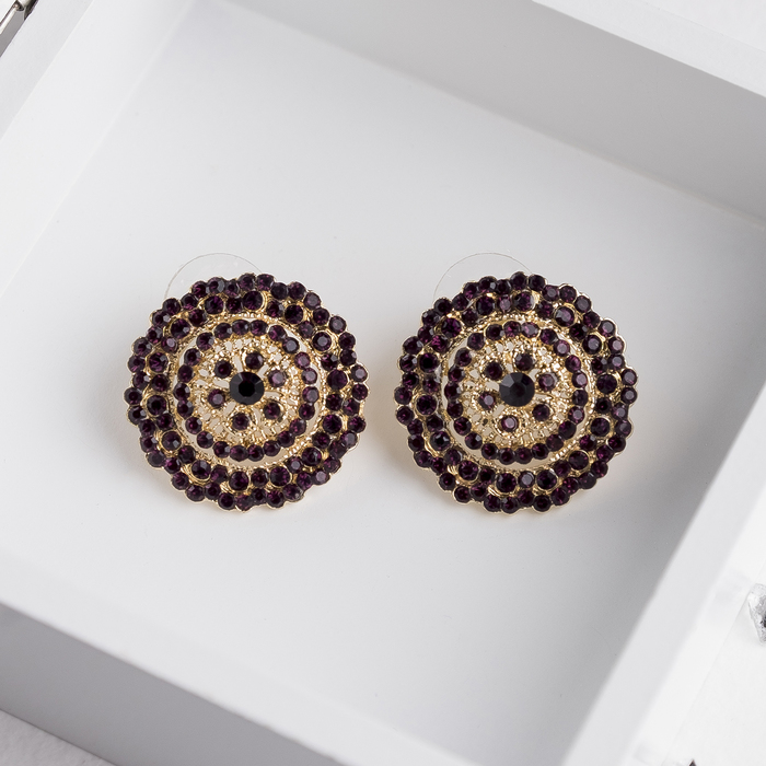 Серьги со стразами "Круг" узорный, цвет фиолетовый в золоте
