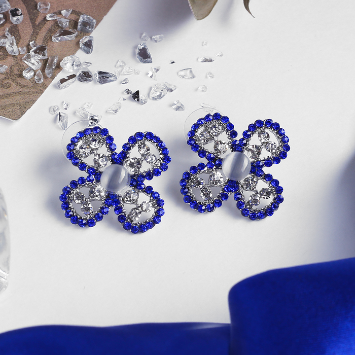 Серьги "Цветок" четырёхлистник, цвет бело-синий в серебре