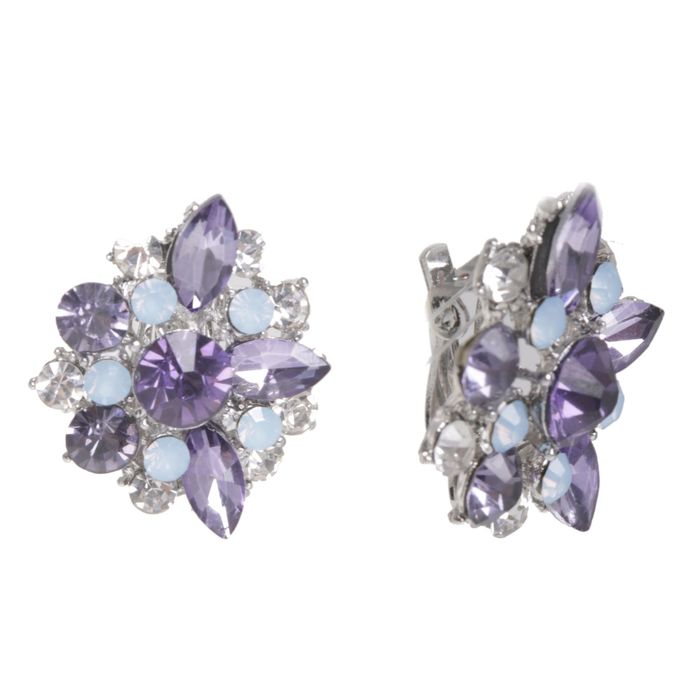 Клипсы "Цветок" гроздь, цвет сиренево-белый в серебре