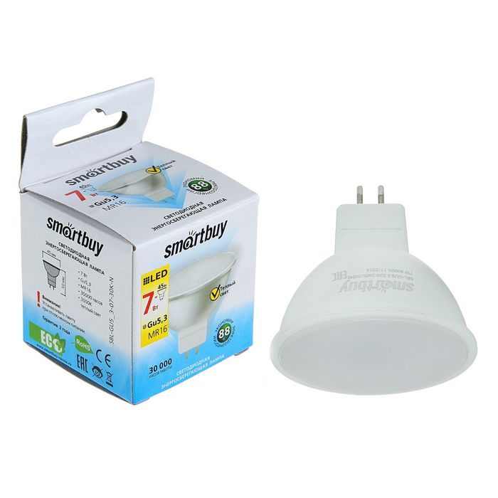 Лампа cветодиодная Smartbuy, GU5.3, 7 Вт, 3000 К, теплый белый