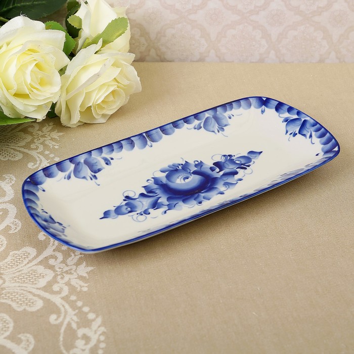 Блюдо прямоугольное «Золотая рыбка», гжель, фарфор, 2 сорт