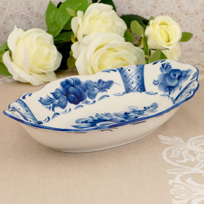 Блюдо под рыбу «Гранд», гжель, фарфор, 2 сорт