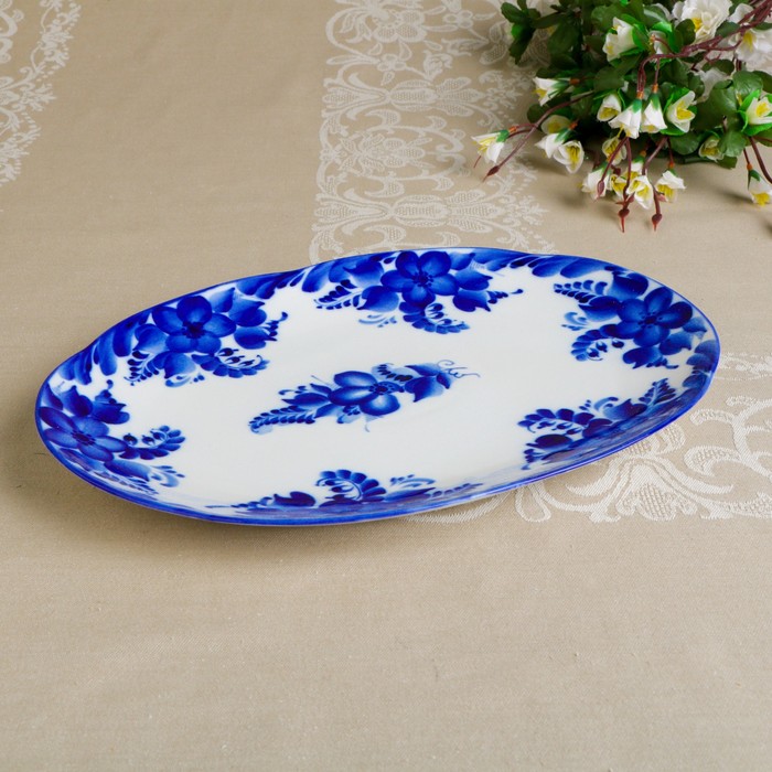 Блюдо овальное «Цветущий сад», гжель, кобальт