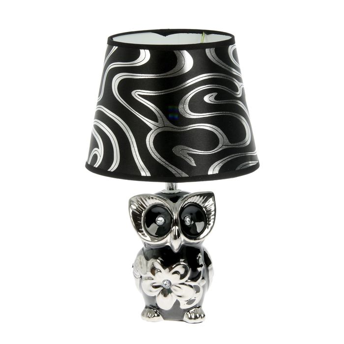 Лампа настольная керамика "Ночная сова с цветком" чёрная с серебром 220V Е14 33х20х20 см
