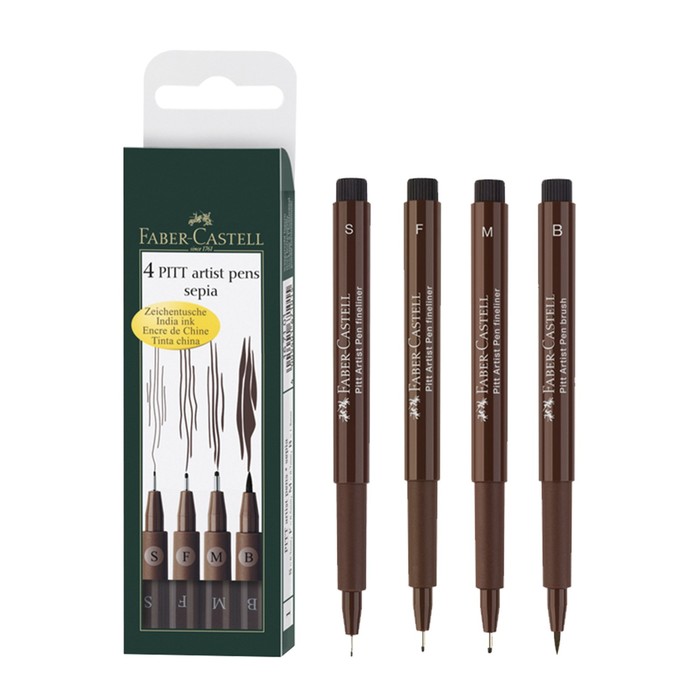 Набор ручек капиллярных 4 штуки (линеры S, F, M; кисть B), Faber-Castell PITT® Artist Pen, цвет сепия