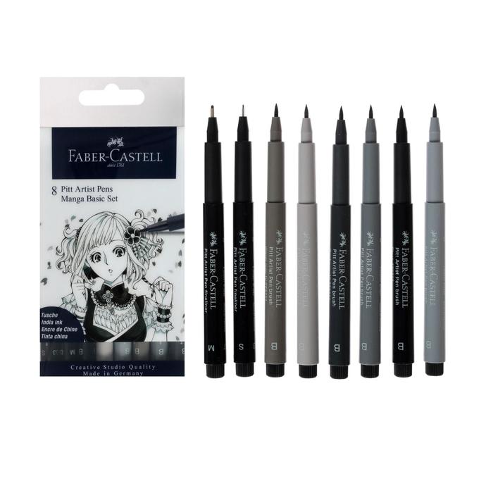 Набор ручек капиллярных 8 штук (кисть 6 цветов; линеры S, M) Faber-Castell PITT® Artist Pen Manga, цвет серый/черный