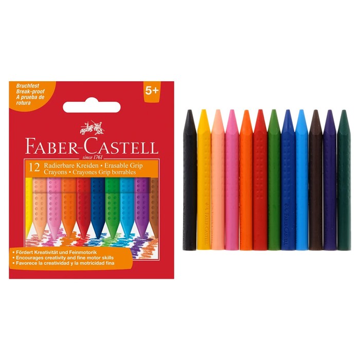 Мелки восковые 12 цветов Faber-Castell GRIP трёхгранные, стираемые