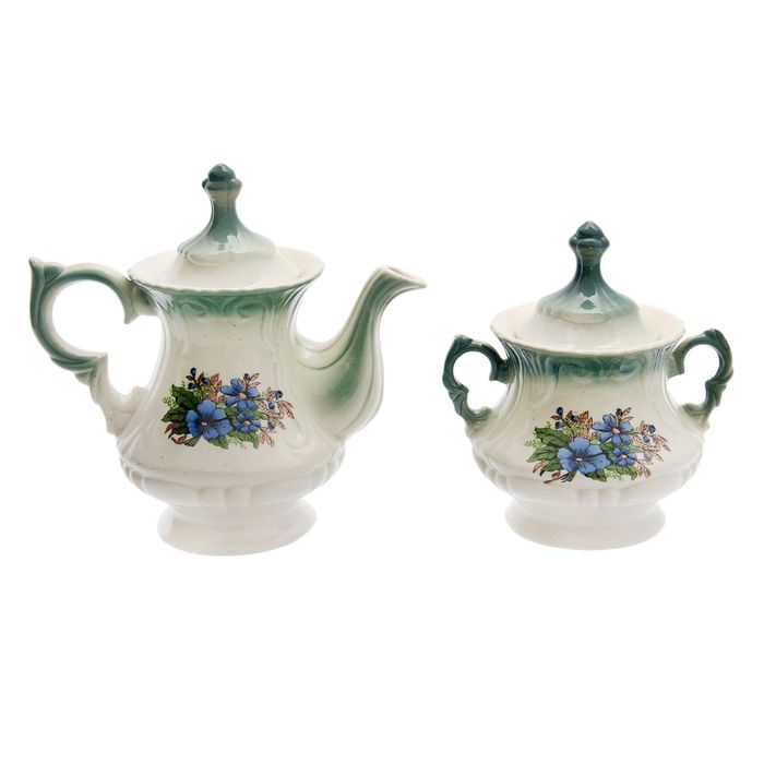 Чайная пара "Блиц" изумруд, незабудка деколь, чайник 0,6 л