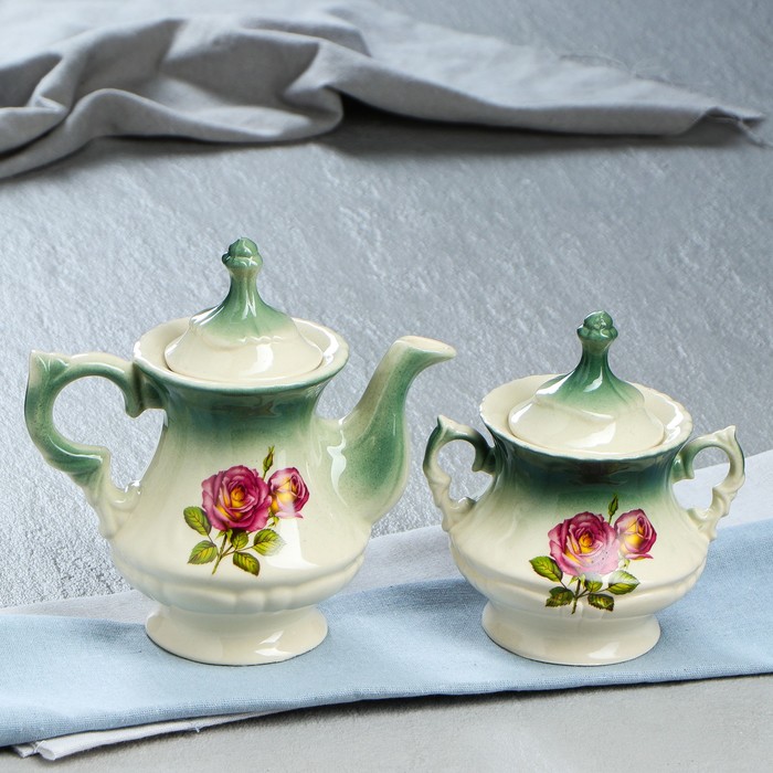 Чайная пара "Блиц" изумруд, роза деколь, чайник 0,6 л