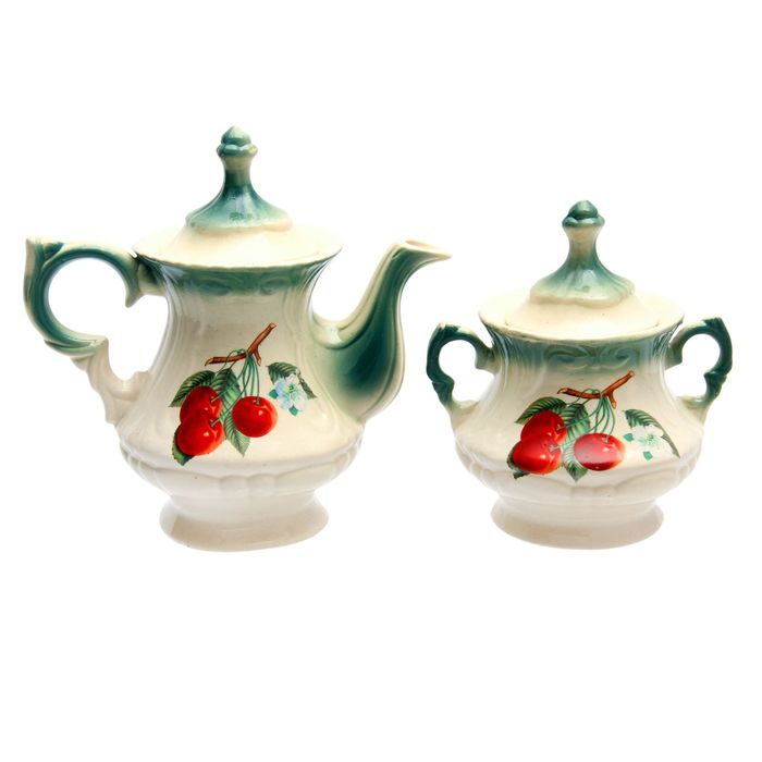 Чайная пара "Блиц" изумруд, вишня деколь, чайник 0,6 л