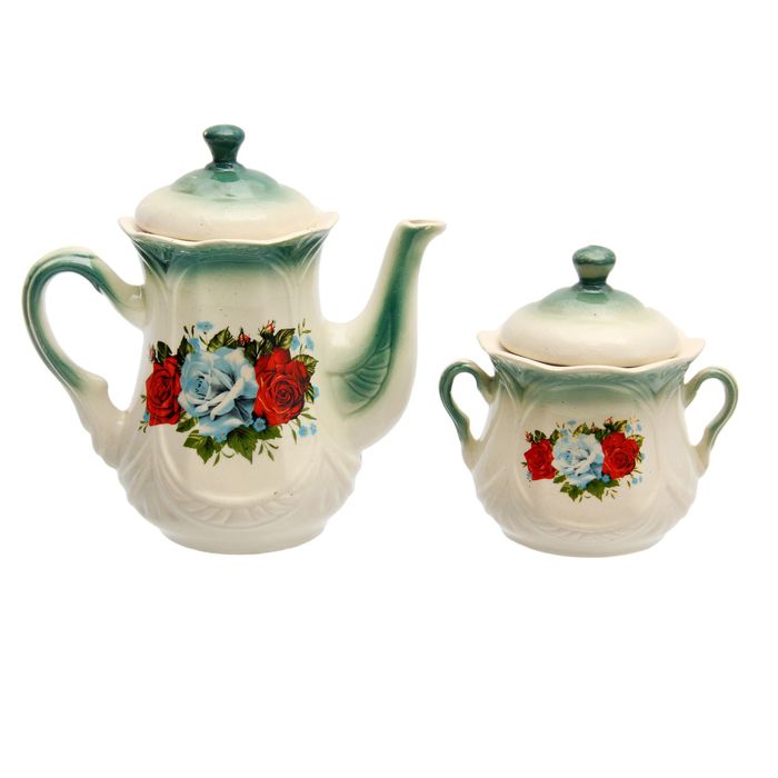 Чайная пара "Ажур" изумруд, три розы деколь, чайник 1 л