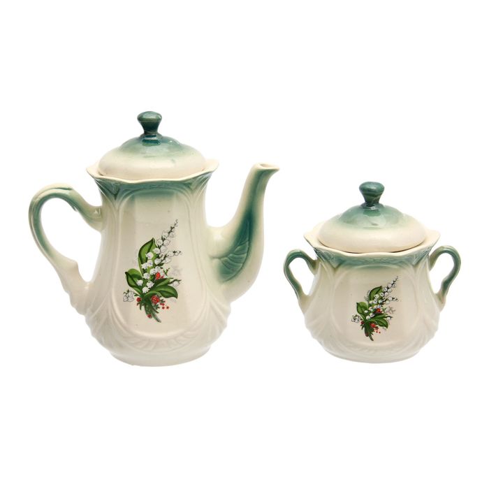 Чайная пара "Ажур" изумруд, ландыш деколь, чайник 1 л