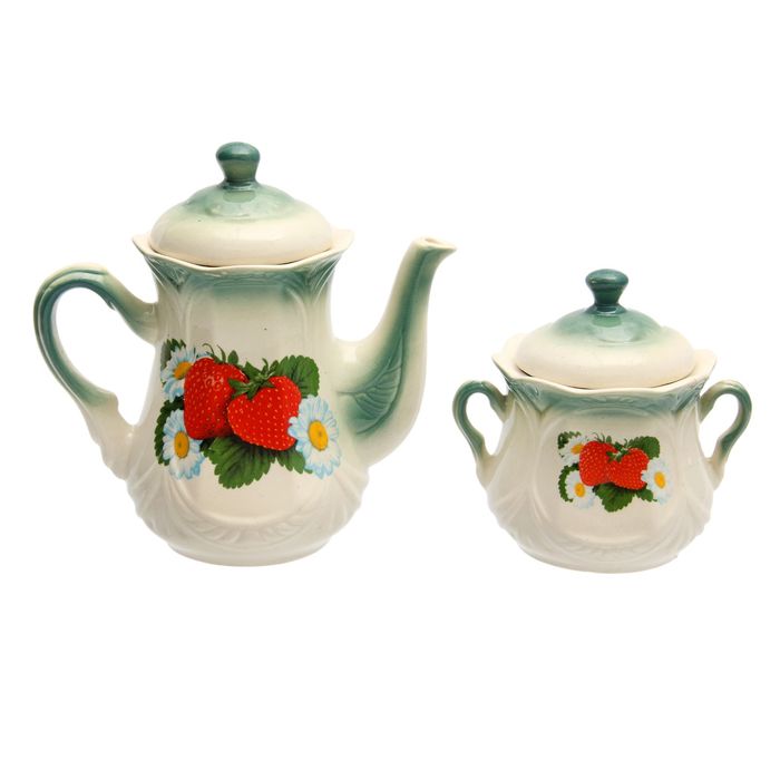 Чайная пара "Ажур" изумруд, клубника деколь, чайник 1 л