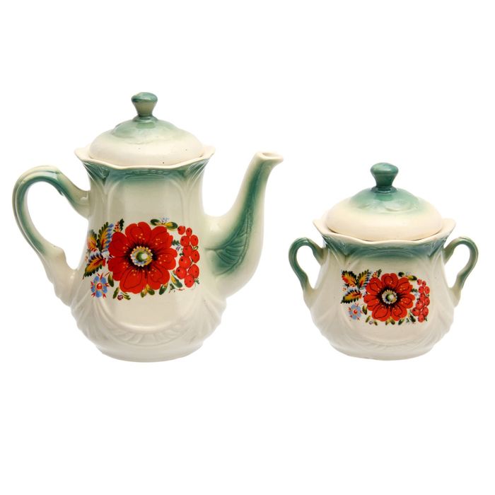Чайная пара "Ажур" изумруд, Петриковская роспись, чайник 1 л