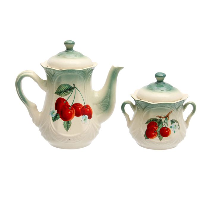 Чайная пара "Ажур" изумруд, вишня деколь, чайник 1 л