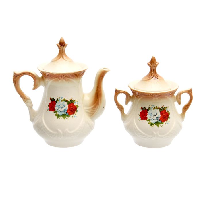 Чайная пара "Элит" коричневая, три розы деколь, чайник 0,6 л