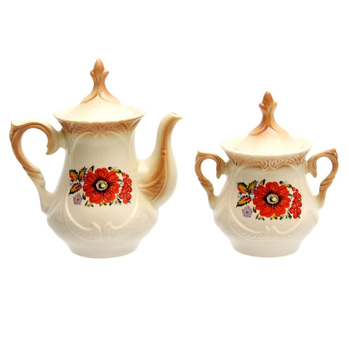 Чайная пара "Элит" коричневая, Петриковская роспись, чайник 0,6 л