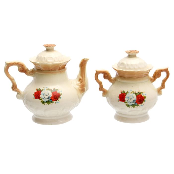 Чайная пара "Ромашка" коричневая, три розы деколь, чайник 0,6 л