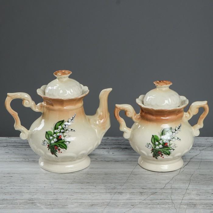 Чайная пара "Ромашка" коричневая, ландыш деколь, чайник 0,6 л