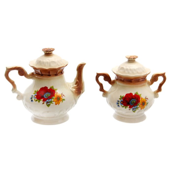 Чайная пара "Ромашка" коричневая, красный мак деколь, чайник 0,6 л