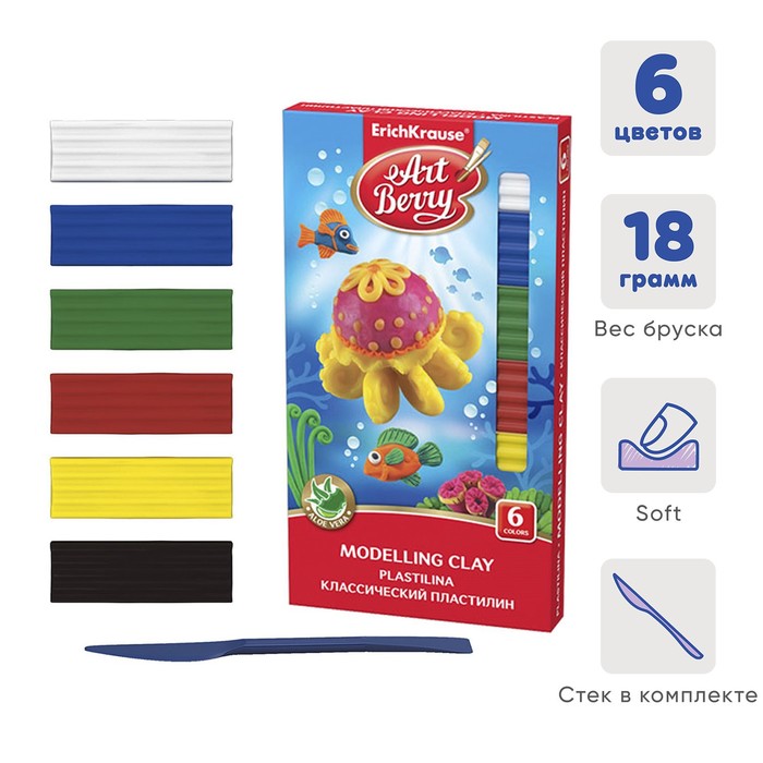 Пластилин 6 цветов 108г ArtBerry, с Алоэ Вера, со стеком, индивидуальная упаковка брусков