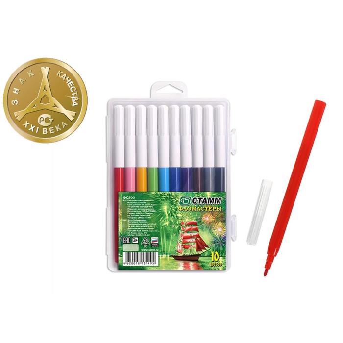 Фломастеры 10 цветов "Салют", в пенале, вентилируемый колпачок, длина линии письма более 400 м, европодвес