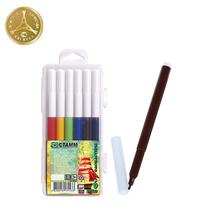 Фломастеры 6 цветов "Салют", в пенале, вентилируемый колпачок, длина линии письма более 400 м, европодвес