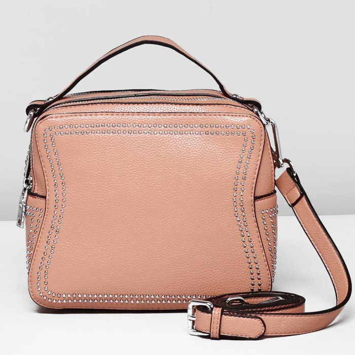 Сумка женская на молнии, 2 отдела, наружный карман, длинный ремень, цвет пудра