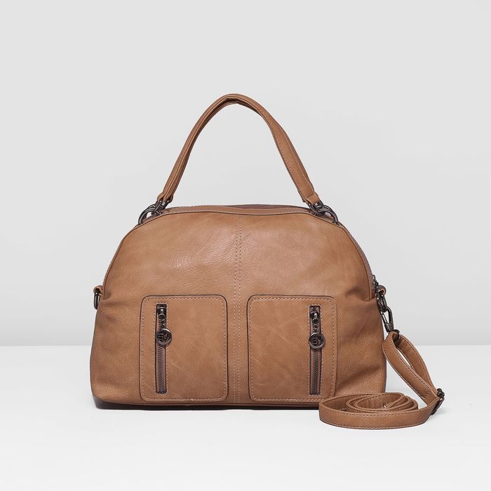 Сумка женская на молнии, 1 отдел, 3 наружных кармана, длинный ремень, цвет бежевый