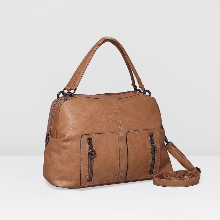 Сумка женская на молнии, 1 отдел, 3 наружных кармана, длинный ремень, цвет бежевый