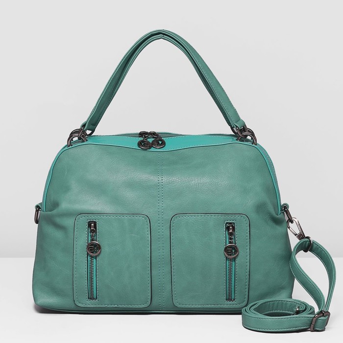 Сумка женская на молнии, 1 отдел, 3 наружных кармана, длинный ремень, цвет зелёный