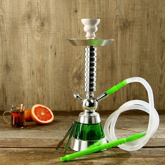 Кальян 37 см, 1 трубка пластиковая, колба-ваза с салатовой вставкой, шахта алюминиевая, хром