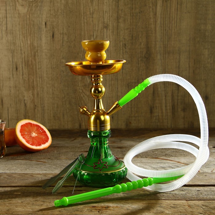 Кальян 31 см, 1 трубка пластиковая, колба-ваза зелёная с золотистым узором, шахта алюминиевая, под золото