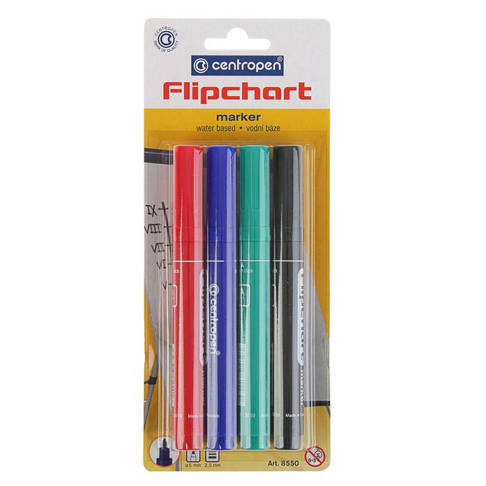 Набор маркеров для флипчарта 4 цвета, 5.0 мм Centropen 8550, линия 2,5 мм, блистер, европодвес