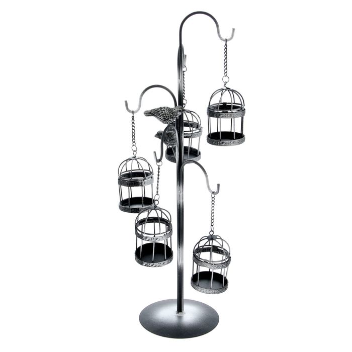 Подсвечник металл 5 свечей "Подвесная клетка с птицами" чёрный 45х17х17 см