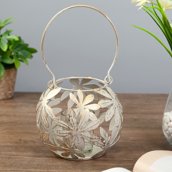 Подсвечник металл 1 свеча "Шар с ромашками" с ручкой 12х14х14 см