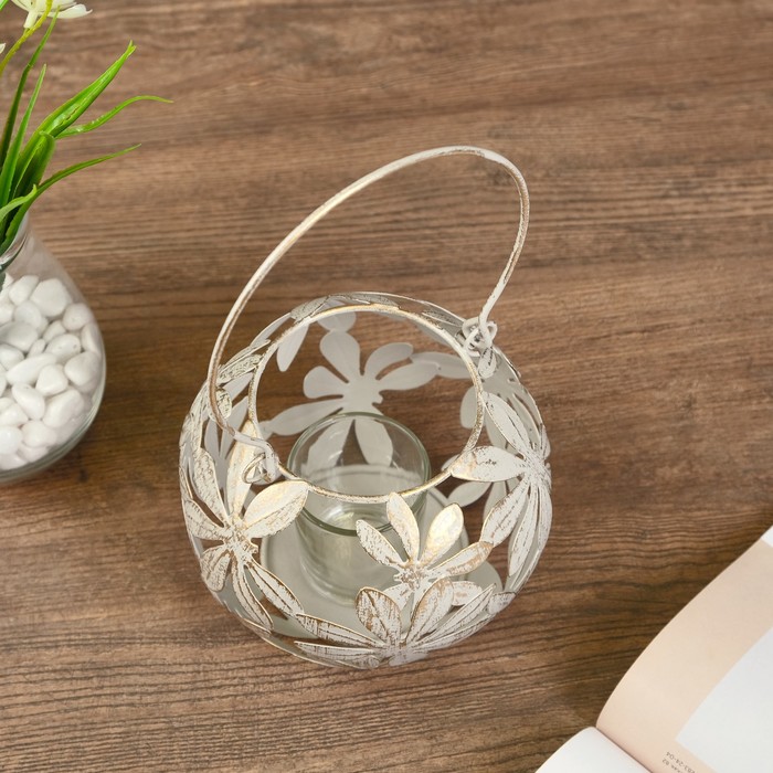 Подсвечник металл 1 свеча "Шар с ромашками" с ручкой 12х14х14 см