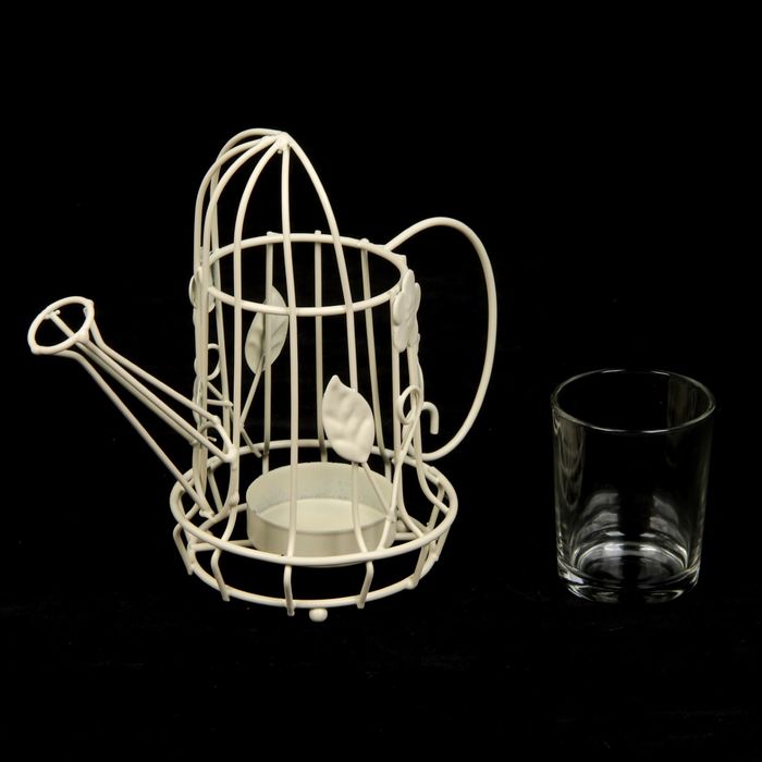 Подсвечник металл 1 свеча "Леечка с цветком" кремовый 15х18х10 см