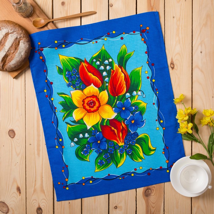 Полотенце вафельное Цветы, размер 45х60 см, цвет синий микс, 160 гр/м