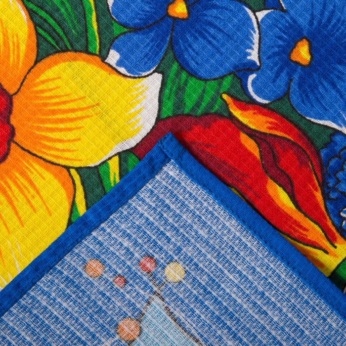 Полотенце вафельное Цветы, размер 45х60 см, цвет синий микс, 160 гр/м