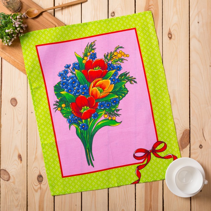 Полотенце вафельное Цветы, размер 45х60 см, цвет зеленый микс, 160 гр/м