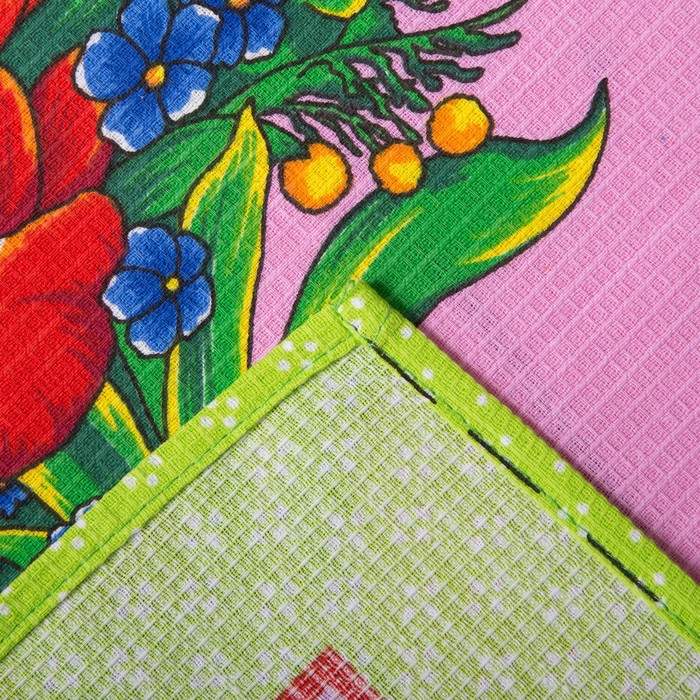 Полотенце вафельное Цветы, размер 45х60 см, цвет зеленый микс, 160 гр/м