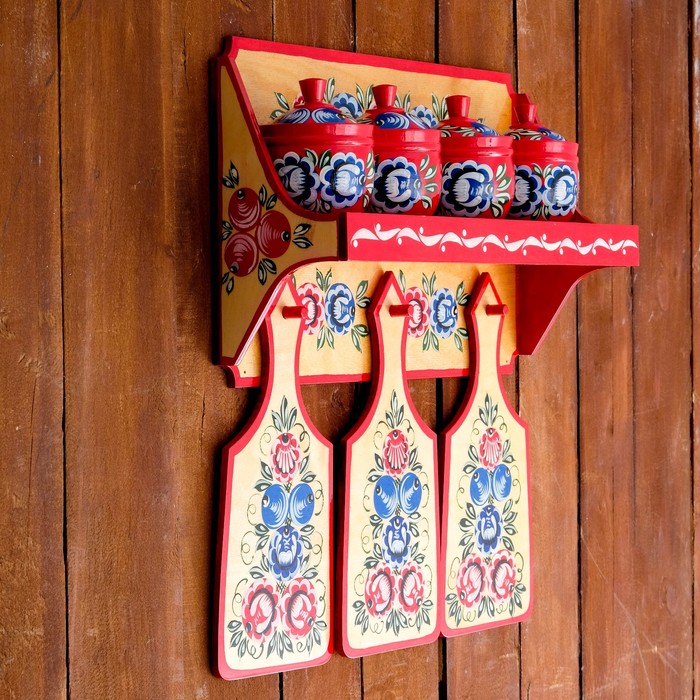 Полка с набором для специй+3 разделочных доски, городецкая роспись
