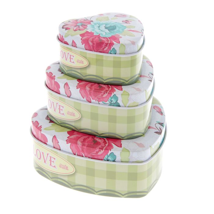 Шкатулка металл набор 3 шт сердце "Яркие цветы" 5х12х11,5, 4,2х9,5х9, 3,5х7х7 см