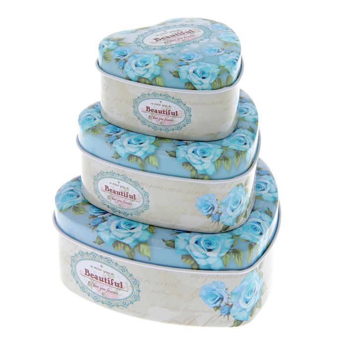 Шкатулка металл набор 3 шт сердце "Голубые розы" 5х12х11,5, 4,2х9,5х9, 3,5х7х7 см