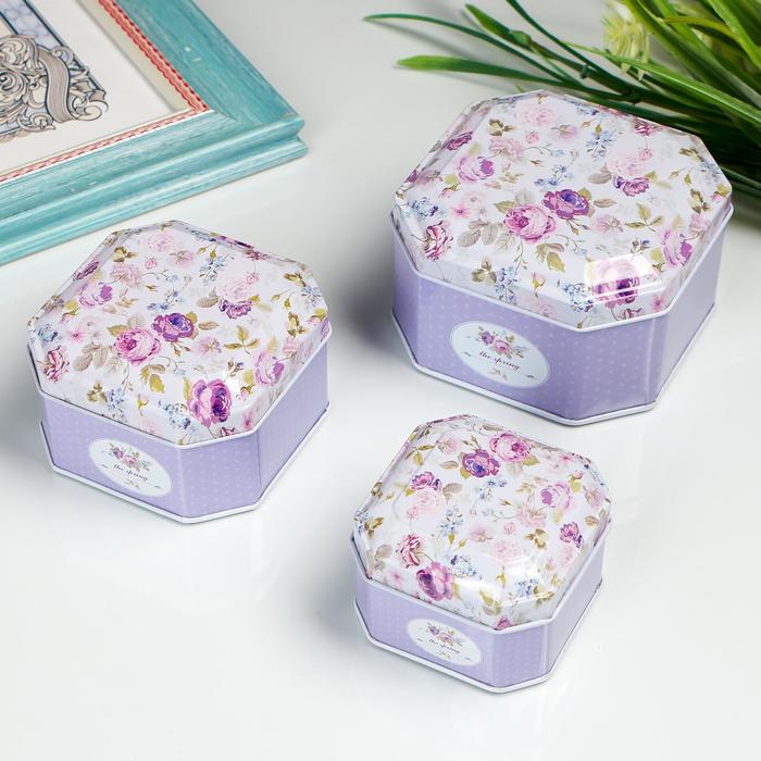 Шкатулка металл набор 3 шт "Пионы" 5,5х9,5х9,5, 5х8х8, 4,5х6,3х6,3 см